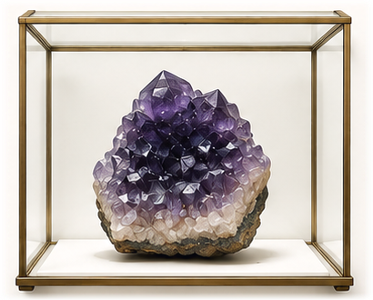 Amethyst in a glass display case